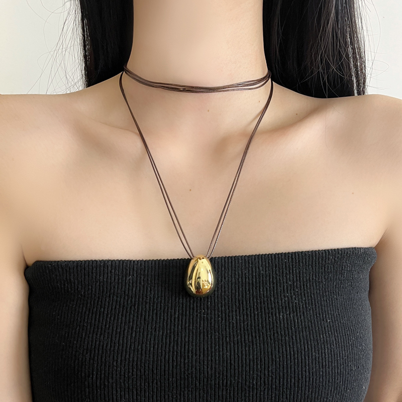 2025 Autumn Winter Water Drop Double Layer Wax Rope Long Necklace for Women, Retro Layered Sweater Chain, Light Luxury Fashion