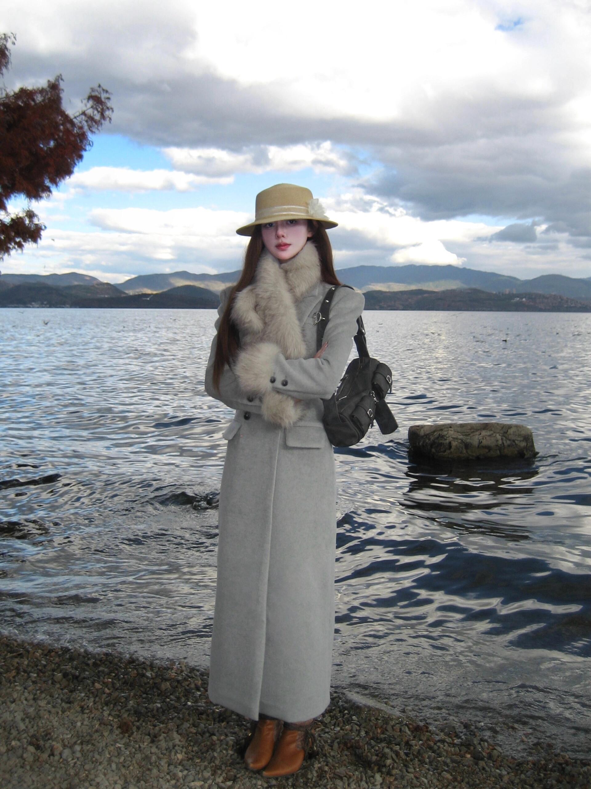 2025 Autumn Winter Women's Hourglass Waist Woolen Coat - Mid-Length Thickened Design for Chic Style