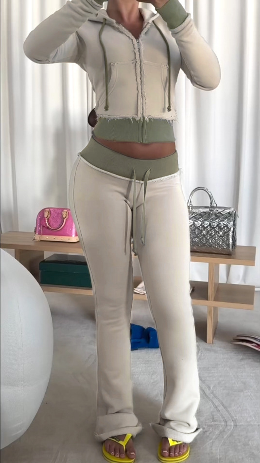 2025 Autumn/Winter Street Style Color Block Hooded Sweatshirt & Spliced Flared Knit Pants Set for Trendy Casual Looks