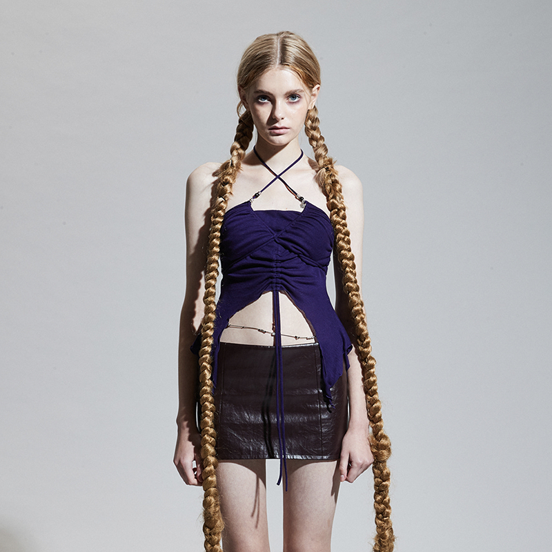 2025 Autumn/Winter Women's Shoulder-Exposing Halter Crop Top - Slim Fit, Unique Design, Trendy Fashion for Y2K and 90s Styles