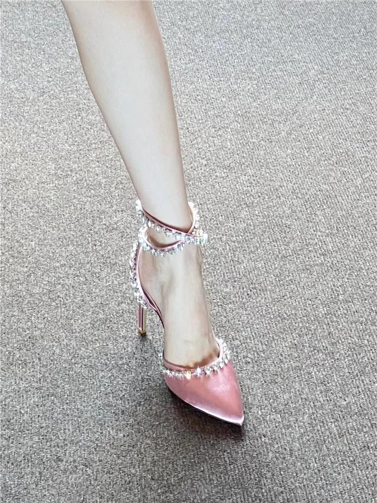 2025 French-Style Rhinestone High-Heeled Sandals for Women - Thin Heel, One-Strap, Closed-Toe, Lace-Up, Pointed Toe Fairy Style
