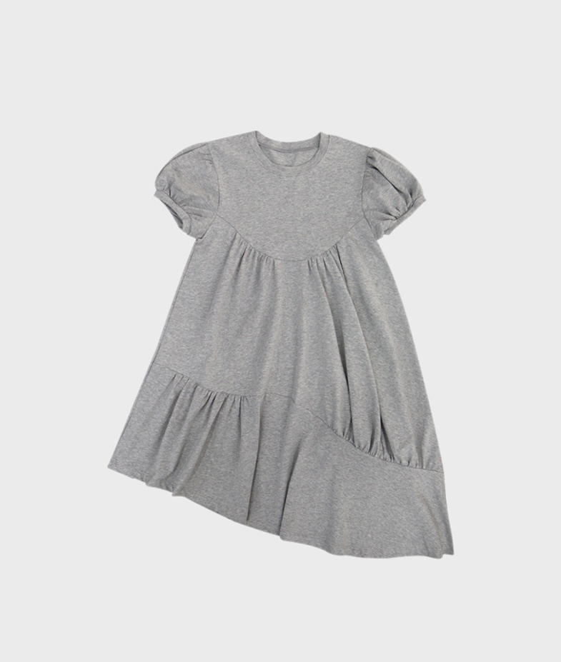 2025 Korean Retro Puff Sleeve Irregular Gray Dress with Short Skirt for Women - Summer Fashion Trend
