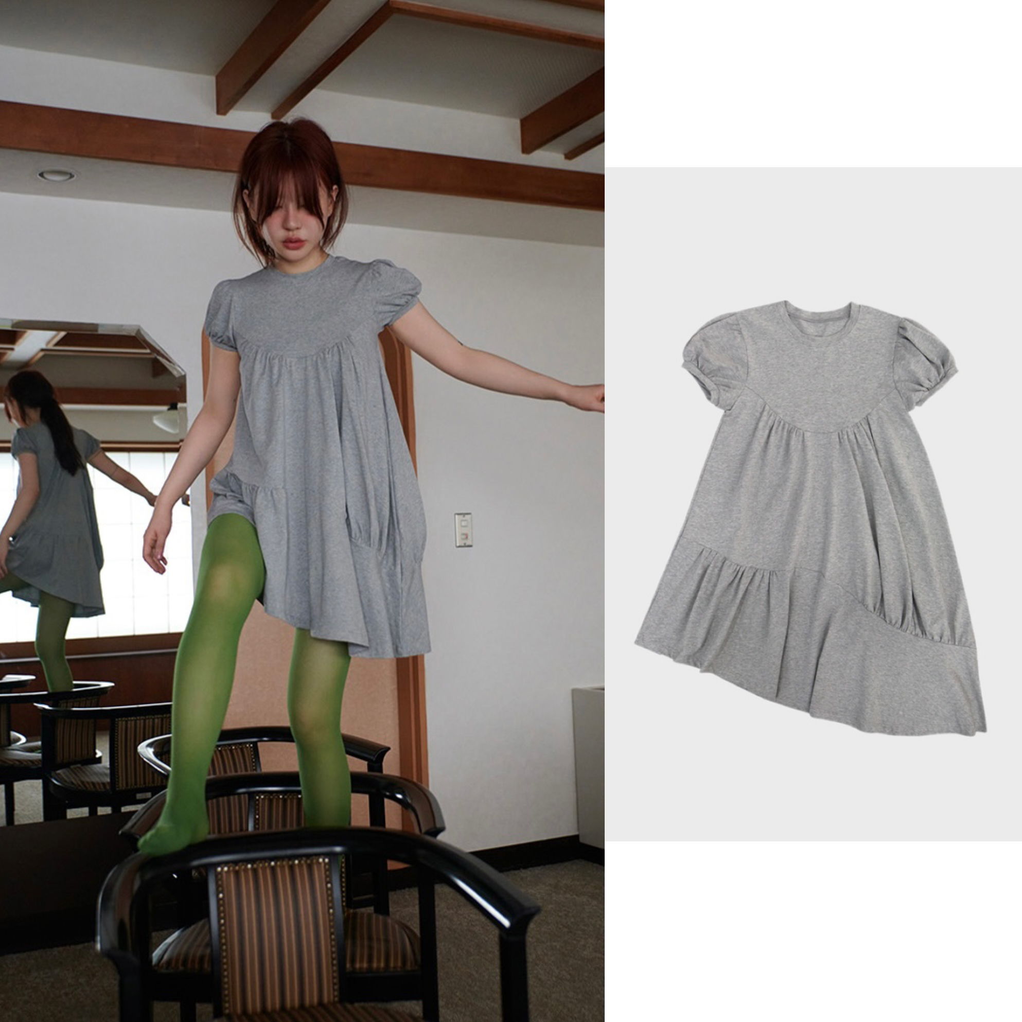 2025 Korean Retro Puff Sleeve Irregular Gray Dress with Short Skirt for Women - Summer Fashion Trend