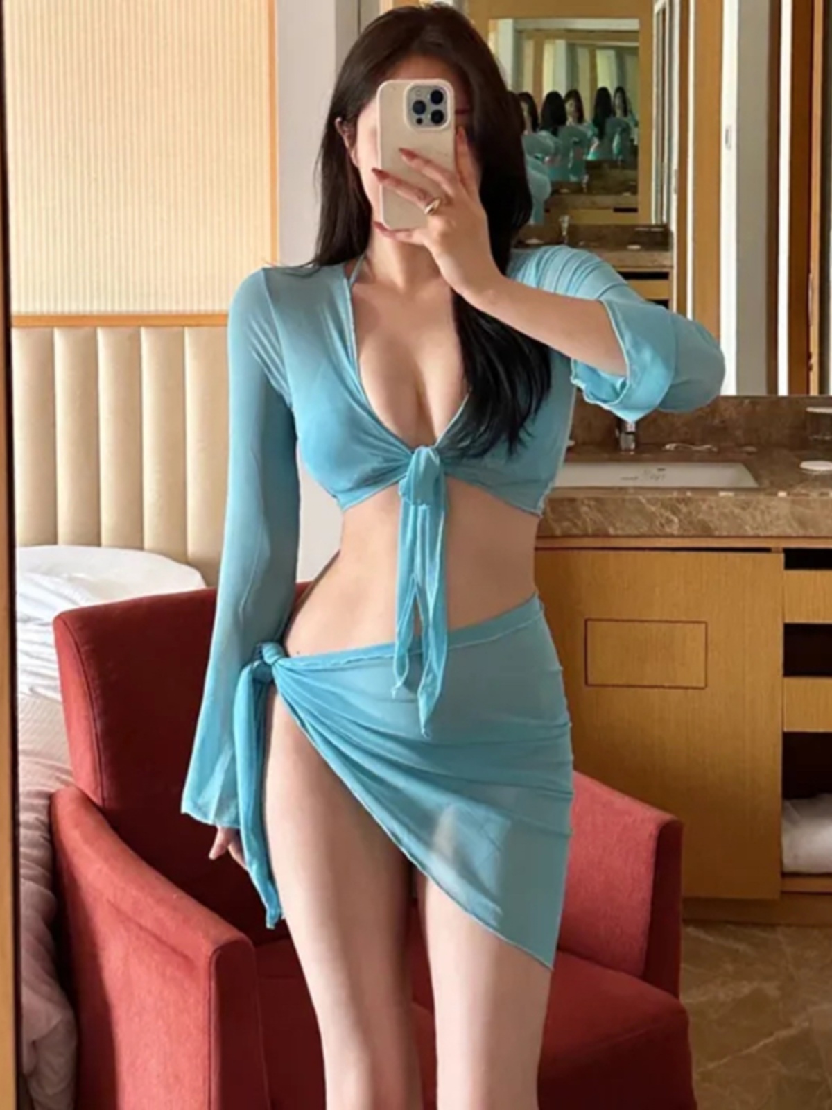 2025 Sexy Blue Mesh Long Sleeve Four-Piece Split Swimsuit Bikini Set for Women - Hot Spring Vacation Swimwear 2025 Sexy Blue Mesh Long Sleeve Four-Piece Split Swimsuit Bikini Set for Women - Hot Spring Vacation Swimwear