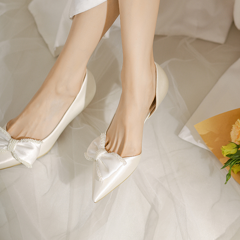 2025 Spring Summer Wedding Shoes Bow High Heels & Low-Heeled Flats for Brides & Bridesmaids - Comfortable Stylish Footwear