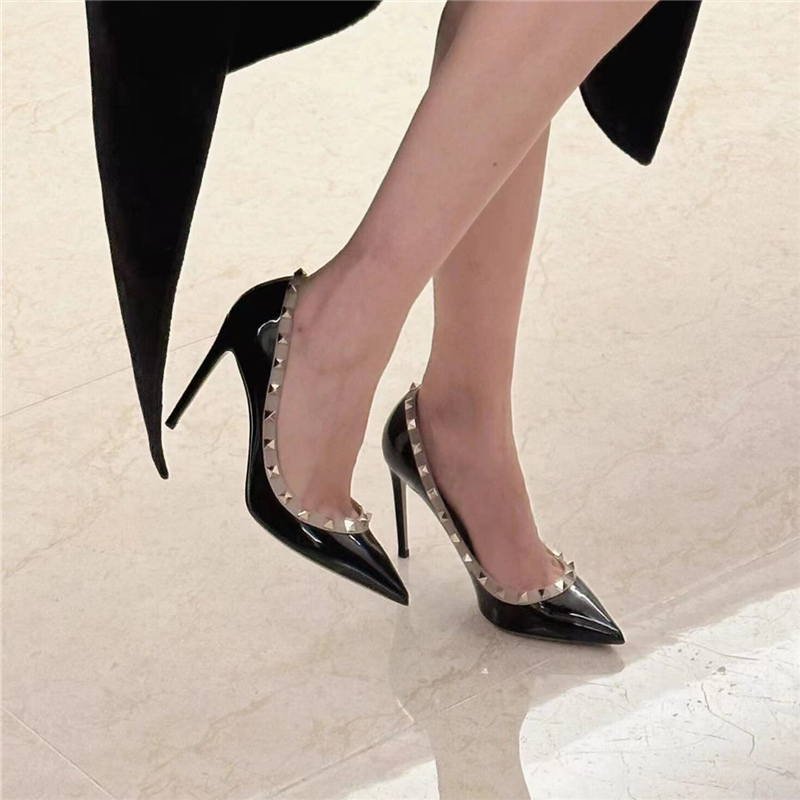 2025 Spring Women's Black Patent Leather Stiletto Heels with Rivets - Sexy Versatile Commuter Shoes for Elegant Style