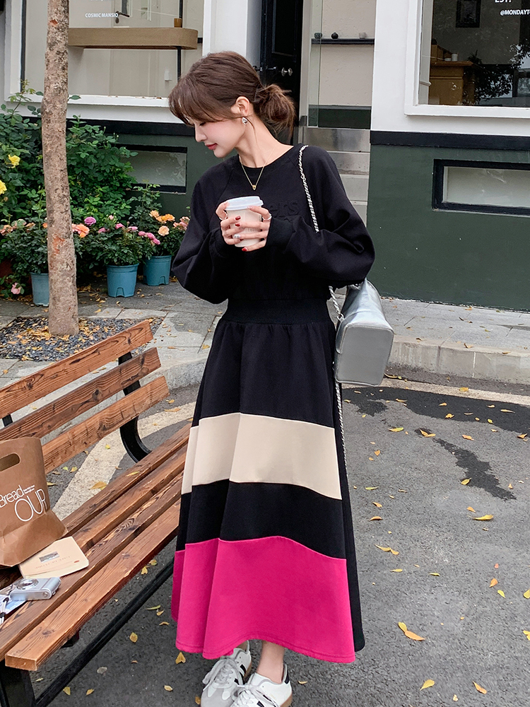 2025 Spring Women's Color-Blocking Long-Sleeve Dress, Casual Waist-Cinching Slim A-Line in Korean Style 2025 Spring Women's Color-Blocking Long-Sleeve Dress, Casual Waist-Cinching Slim A-Line in Korean Style