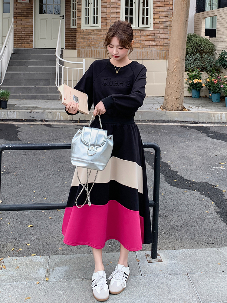 2025 Spring Women's Color-Blocking Long-Sleeve Dress, Casual Waist-Cinching Slim A-Line in Korean Style 2025 Spring Women's Color-Blocking Long-Sleeve Dress, Casual Waist-Cinching Slim A-Line in Korean Style