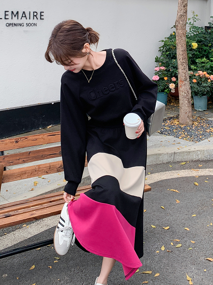 2025 Spring Women's Color-Blocking Long-Sleeve Dress, Casual Waist-Cinching Slim A-Line in Korean Style