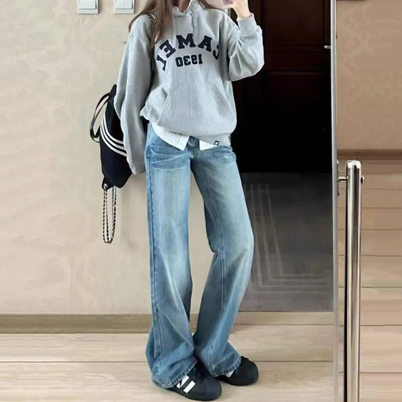 2025 Spring/Summer American-Style Low-Waist Distressed Flared Jeans for Women, Loose Wide-Leg Straight Pants, Floor-Length Fashion