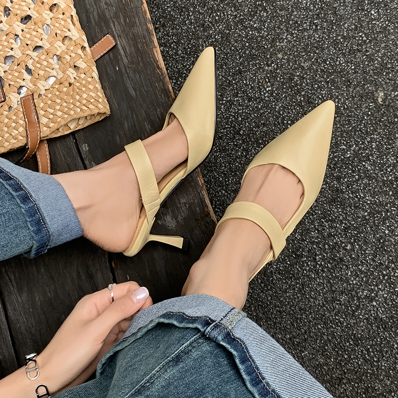 2025 Spring/Summer Korean-Style Pointed-Toe Backless Stiletto High Heels - Closed-Toe Half Slippers in Sheepskin with One-Strap Design 2025 Spring/Summer Korean-Style Pointed-Toe Backless Stiletto High Heels - Closed-Toe Half Slippers in Sheepskin with One-Strap Design