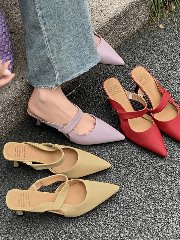 2025 Spring/Summer Korean-Style Pointed-Toe Backless Stiletto High Heels - Closed-Toe Half Slippers in Sheepskin with One-Strap Design 2025 Spring/Summer Korean-Style Pointed-Toe Backless Stiletto High Heels - Closed-Toe Half Slippers in Sheepskin with One-Strap Design