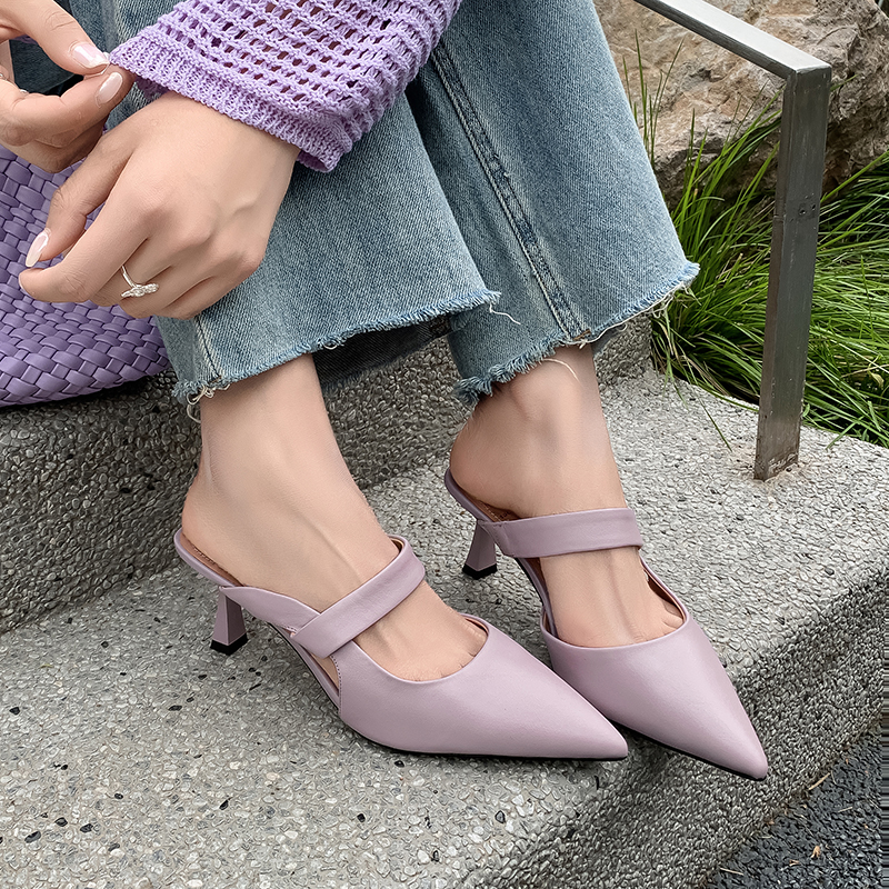 2025 Spring/Summer Korean-Style Pointed-Toe Backless Stiletto High Heels - Closed-Toe Half Slippers in Sheepskin with One-Strap Design