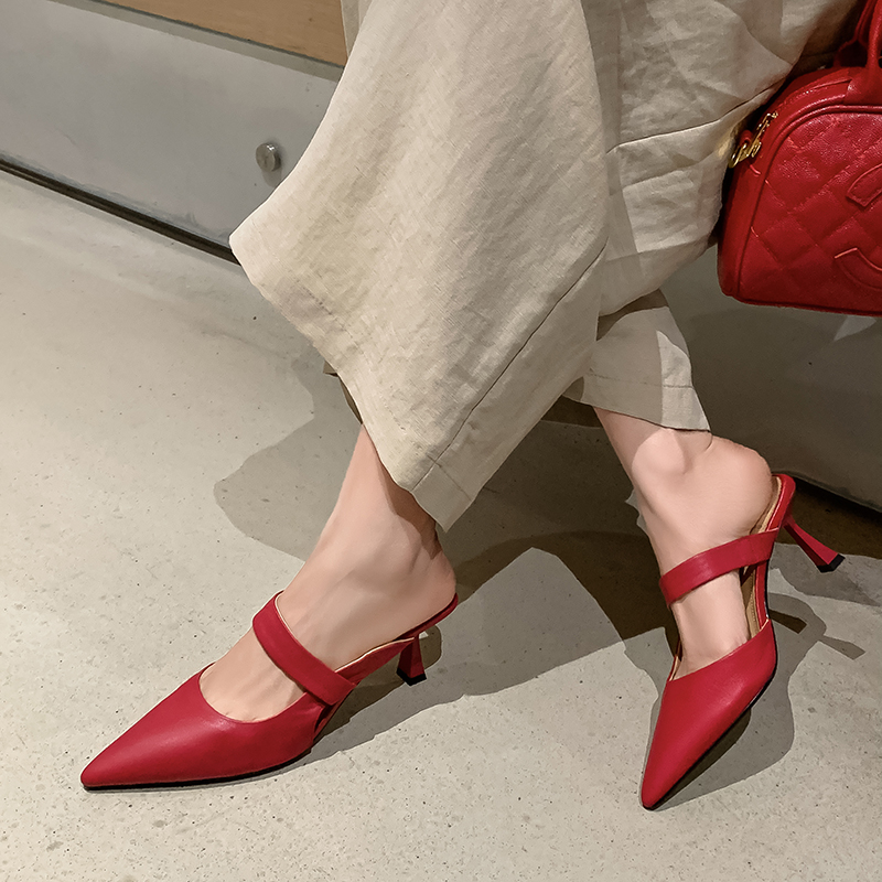 2025 Spring/Summer Korean-Style Pointed-Toe Backless Stiletto High Heels - Closed-Toe Half Slippers in Sheepskin with One-Strap Design 2025 Spring/Summer Korean-Style Pointed-Toe Backless Stiletto High Heels - Closed-Toe Half Slippers in Sheepskin with One-Strap Design