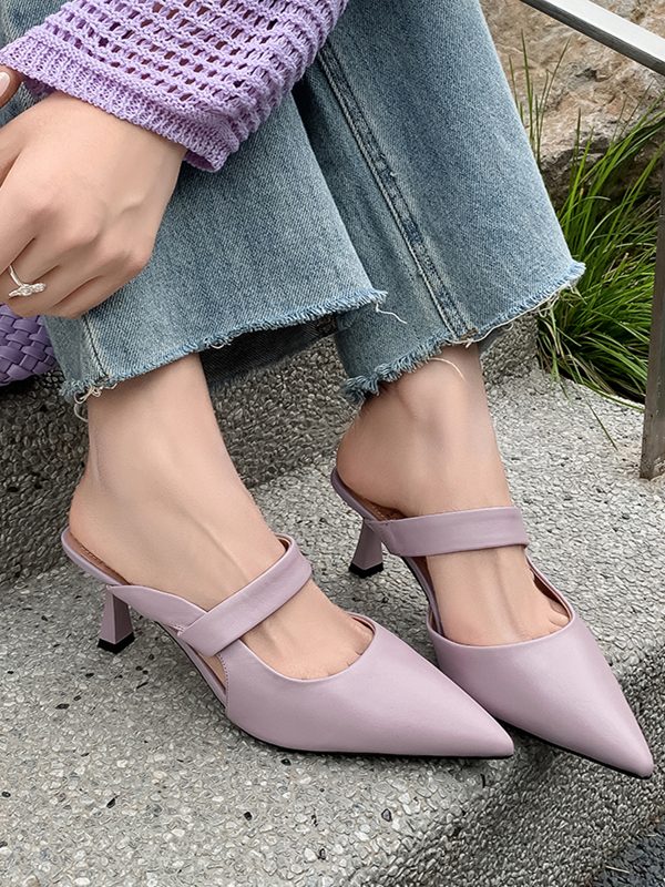 2025 Spring/Summer Korean-Style Pointed-Toe Backless Stiletto High Heels - Closed-Toe Half Slippers in Sheepskin with One-Strap Design