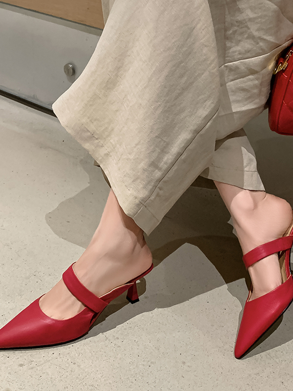 2025 Spring/Summer Korean-Style Pointed-Toe Backless Stiletto High Heels - Closed-Toe Half Slippers in Sheepskin with One-Strap Design 2025 Spring/Summer Korean-Style Pointed-Toe Backless Stiletto High Heels - Closed-Toe Half Slippers in Sheepskin with One-Strap Design