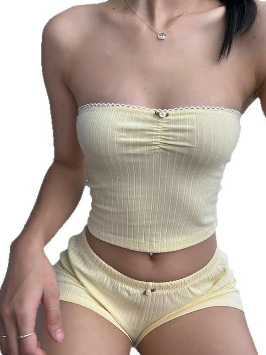 2025 Summer Casual Two-Piece Solid Color Slim Fit Shorts Strapless Homewear Set - Sexy Chic Style for Sweet Girls 2025 Summer Casual Two-Piece Solid Color Slim Fit Shorts Strapless Homewear Set - Sexy Chic Style for Sweet Girls