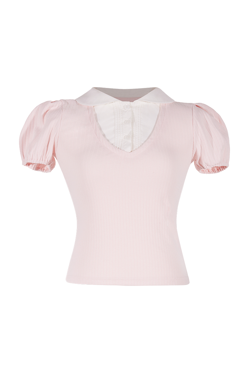 2025 Summer College Style Color Block Short Sleeve T-Shirt with Doll Collar - Trendy Fake Two-Piece Design