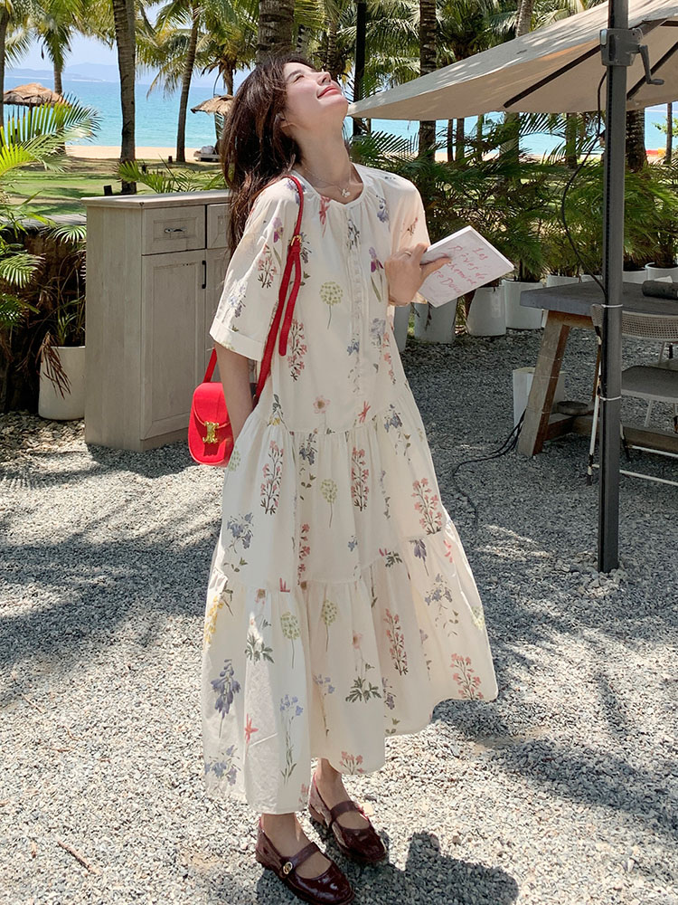 2025 Summer Forest Style Loose Floral Dress for Women - Youthful Mid-Length A-Line Skirt Trend