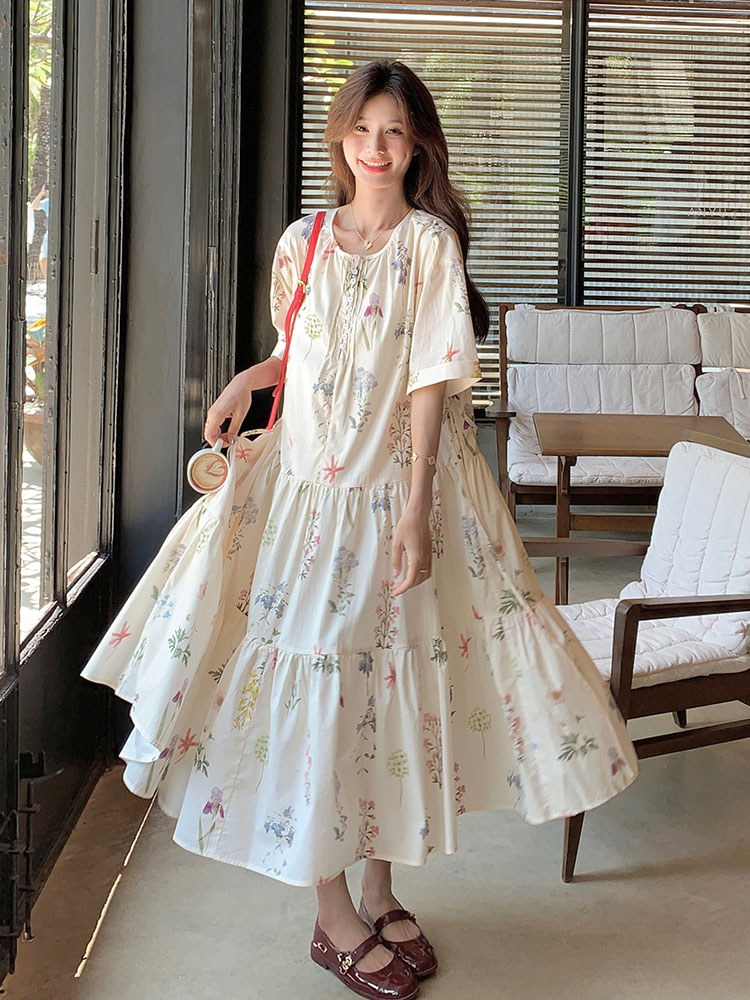 2025 Summer Forest Style Loose Floral Dress for Women - Youthful Mid-Length A-Line Skirt Trend