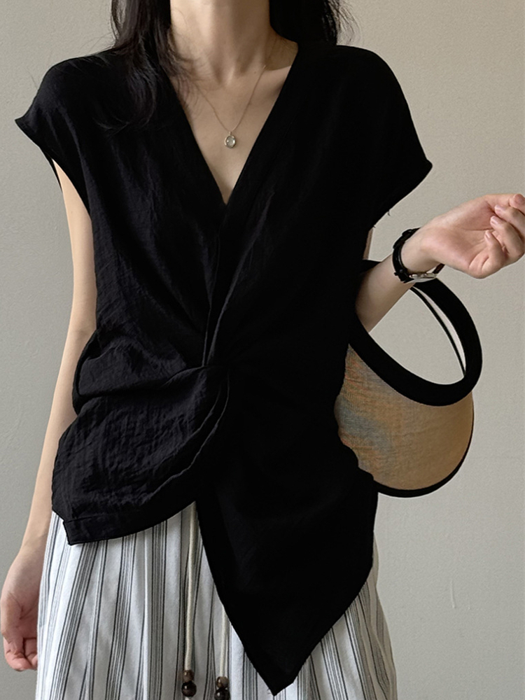 2025 Summer French V-Neck Knotted Sleeveless Blouse for Women, High-End Fitted Linen Top, Chic Casual Style