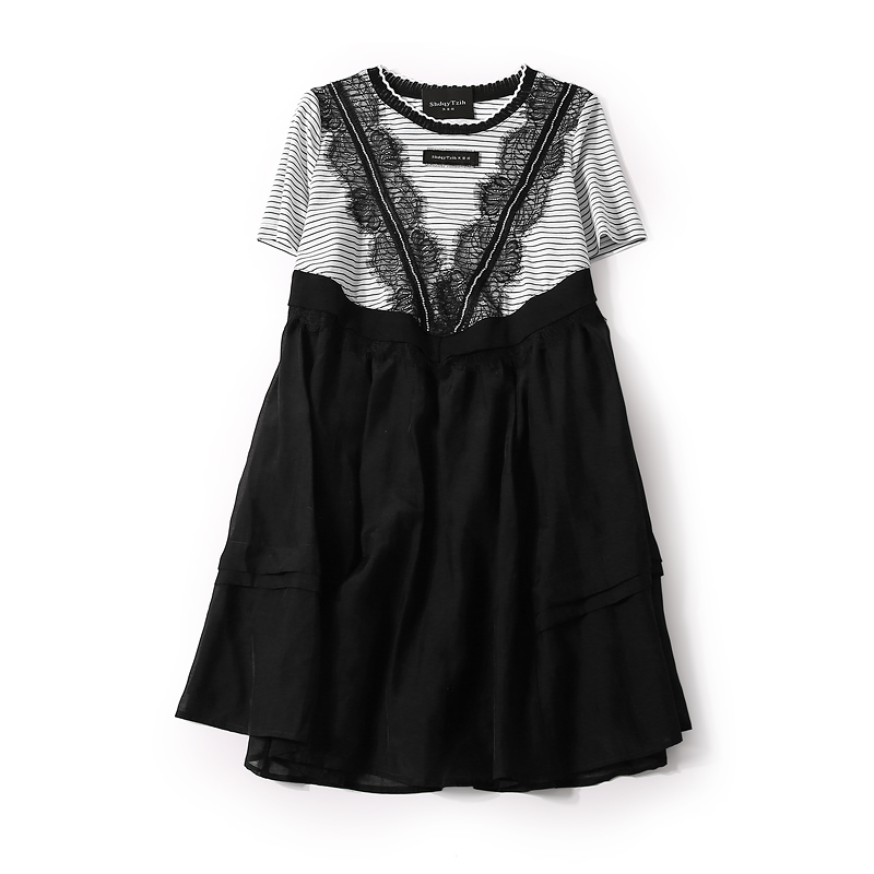2025 Summer Korean Style Round Neck Spliced Striped Lace Rhinestone Casual Dress for Women - Trendy Fashion Statement 2025 Summer Korean Style Round Neck Spliced Striped Lace Rhinestone Casual Dress for Women - Trendy Fashion Statement