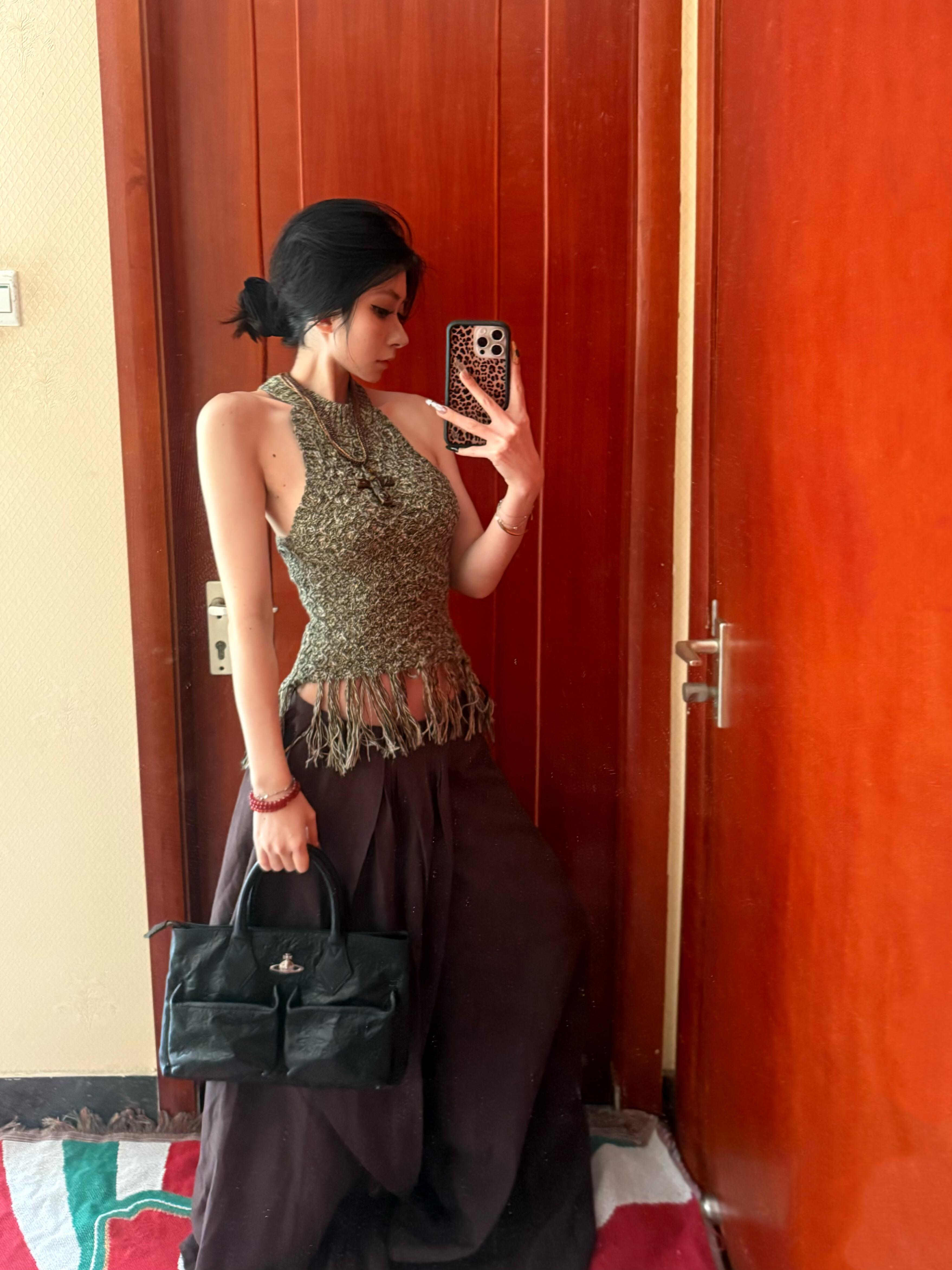 2025 Summer Retro Spicy Girl Backless Woven Vest with Tassel Neck, Slim-Fit Sleeveless Top for Women