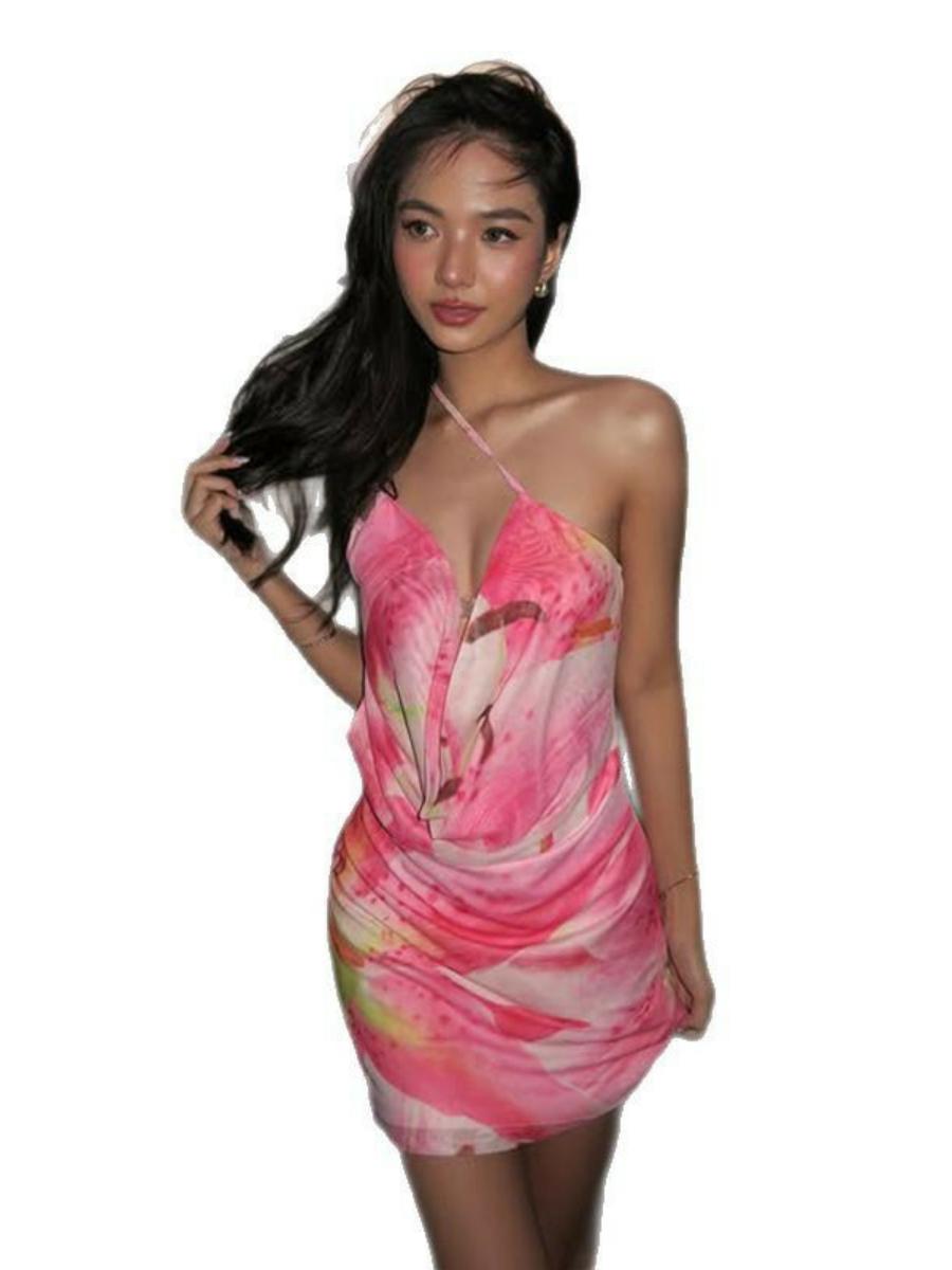 2025 Summer Vacation Floral Print Mini Dress - Sexy Ruffled Off-Shoulder Asymmetrical Design with Crossbody Round Ring Detail 2025 Summer Vacation Floral Print Mini Dress - Sexy Ruffled Off-Shoulder Asymmetrical Design with Crossbody Round Ring Detail