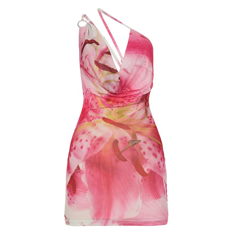 2025 Summer Vacation Floral Print Mini Dress - Sexy Ruffled Off-Shoulder Asymmetrical Design with Crossbody Round Ring Detail