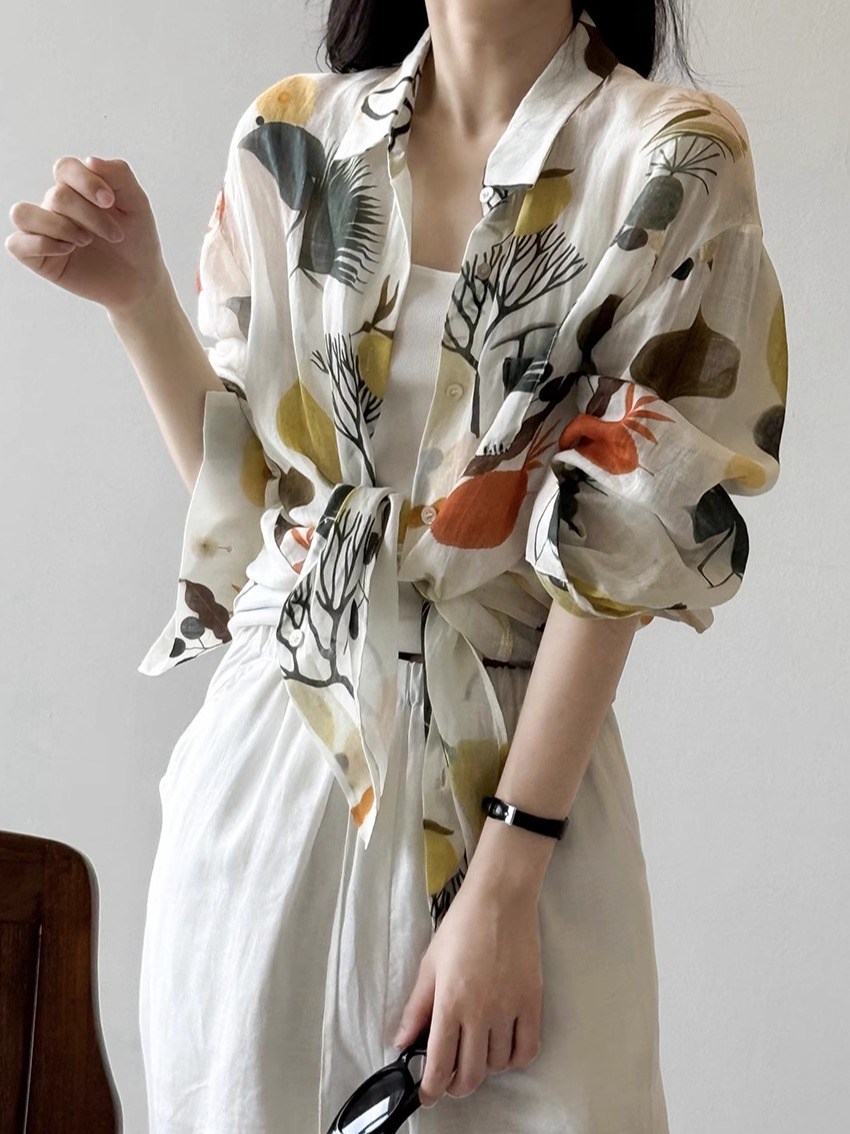 2025 Summer Women's French Floral Long Sleeve Shirt - High-End Printed Sun Protection Blouse for Holiday Style 2025 Summer Women's French Floral Long Sleeve Shirt - High-End Printed Sun Protection Blouse for Holiday Style