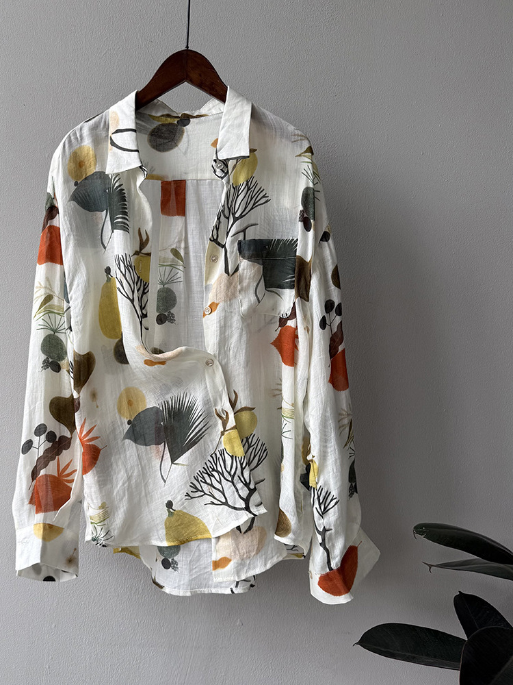 2025 Summer Women's French Floral Long Sleeve Shirt - High-End Printed Sun Protection Blouse for Holiday Style 2025 Summer Women's French Floral Long Sleeve Shirt - High-End Printed Sun Protection Blouse for Holiday Style
