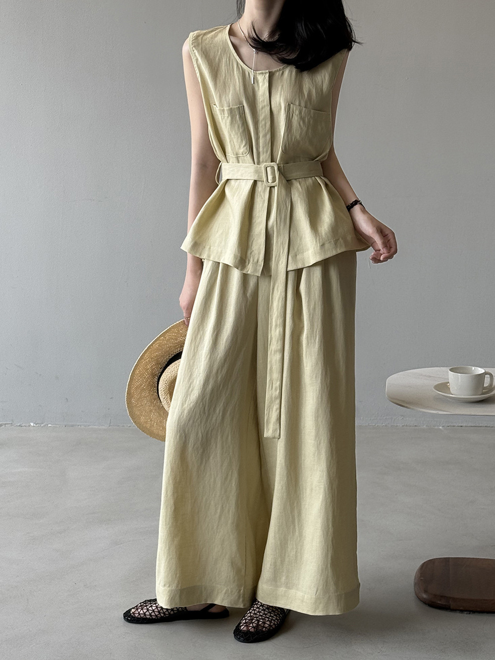2025 Summer Women's Old Money Wind Silk Linen Tank Top & Casual Wide Leg Pants Two-Piece Set - Chic Vintage Style