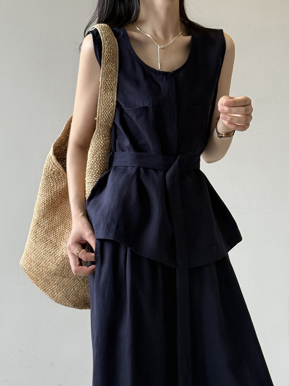 2025 Summer Women's Old Money Wind Silk Linen Tank Top & Casual Wide Leg Pants Two-Piece Set - Chic Vintage Style