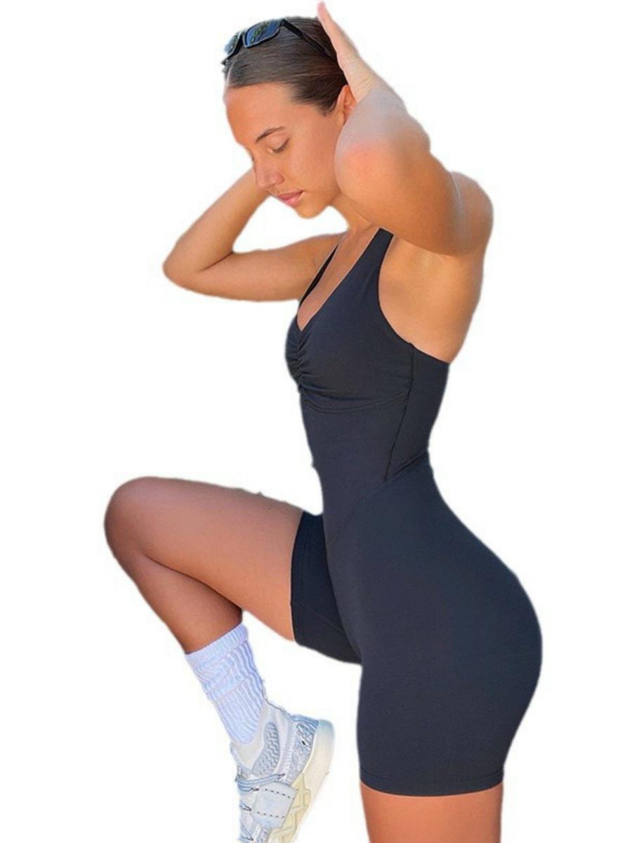 2025 Summer Women's Pleated V-Neck Cross-Strap Casual Bodysuit Shorts - European American Style, Y2K Inspired Fashion 2025 Summer Women's Pleated V-Neck Cross-Strap Casual Bodysuit Shorts - European American Style, Y2K Inspired Fashion