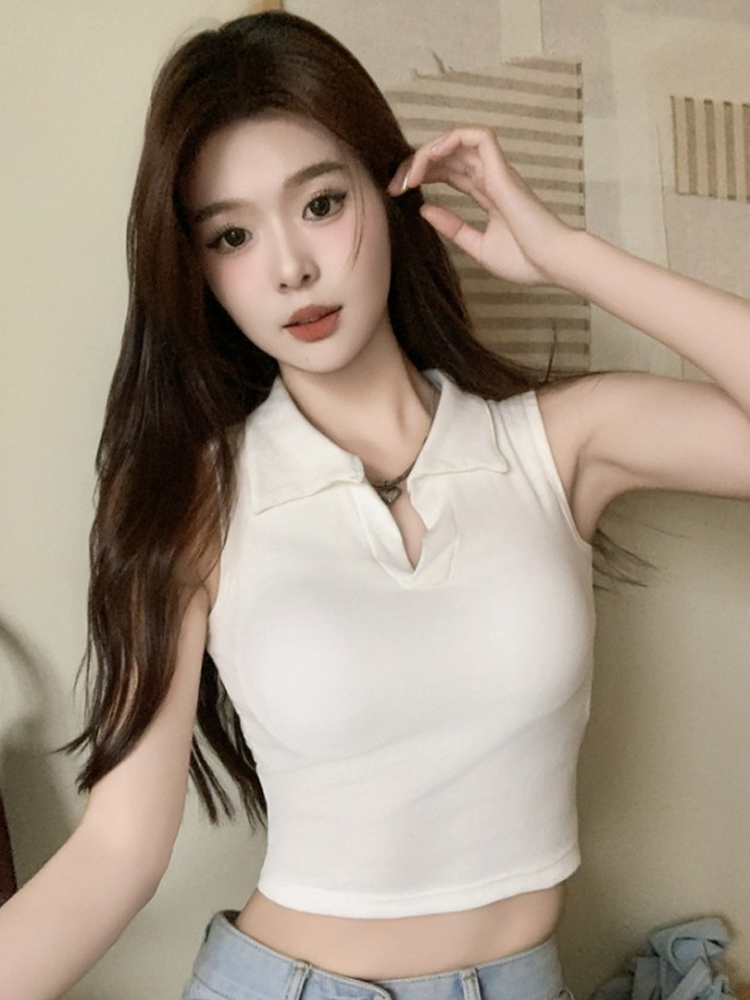 2025 Summer Women's Polo Collar Tank Top with Chest Pads, Stylish Slim Fit Pure Cotton Base Layer 2025 Summer Women's Polo Collar Tank Top with Chest Pads, Stylish Slim Fit Pure Cotton Base Layer