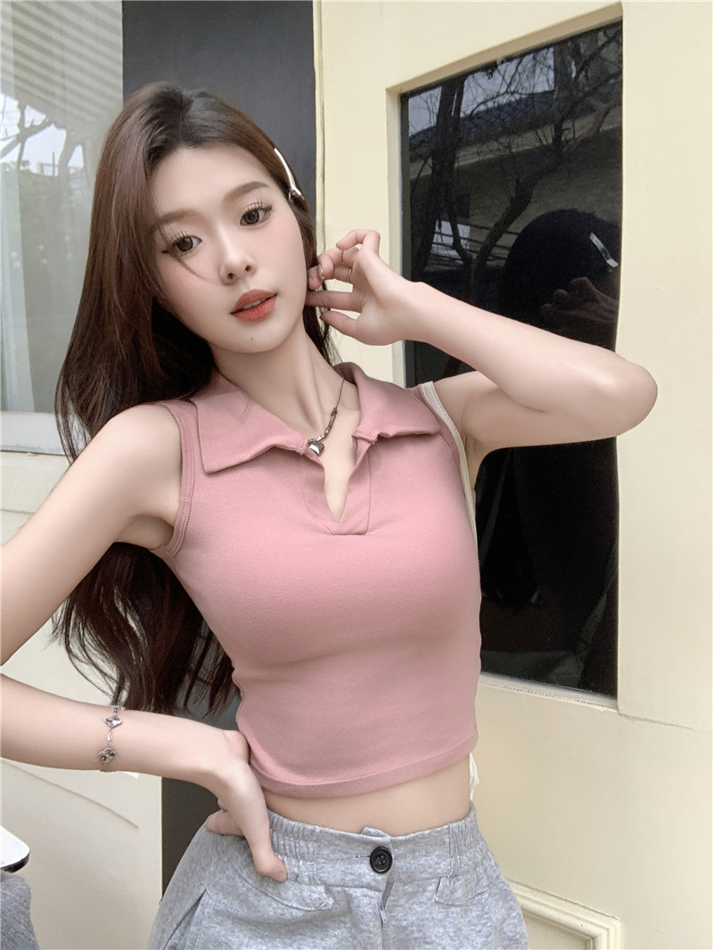 2025 Summer Women's Polo Collar Tank Top with Chest Pads, Stylish Slim Fit Pure Cotton Base Layer 2025 Summer Women's Polo Collar Tank Top with Chest Pads, Stylish Slim Fit Pure Cotton Base Layer