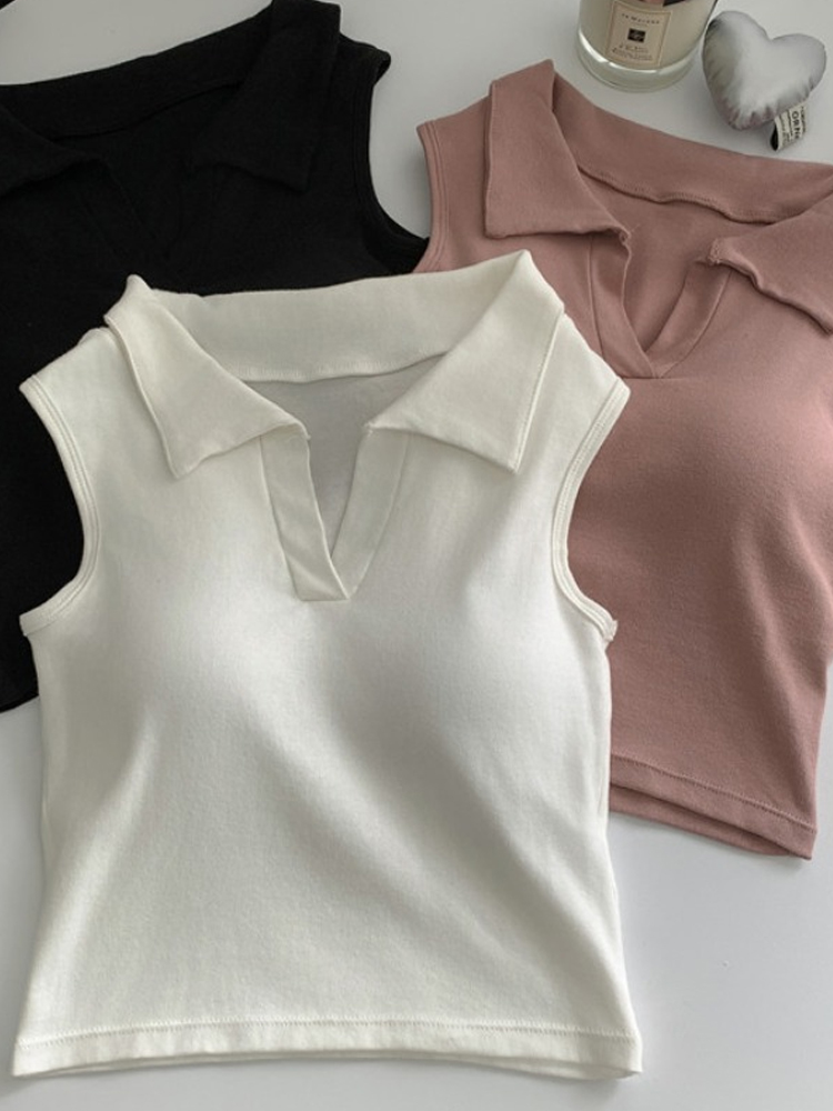 2025 Summer Women's Polo Collar Tank Top with Chest Pads, Stylish Slim Fit Pure Cotton Base Layer 2025 Summer Women's Polo Collar Tank Top with Chest Pads, Stylish Slim Fit Pure Cotton Base Layer