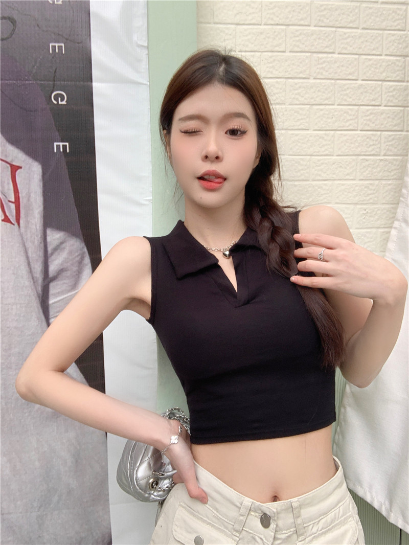 2025 Summer Women's Polo Collar Tank Top with Chest Pads, Stylish Slim Fit Pure Cotton Base Layer