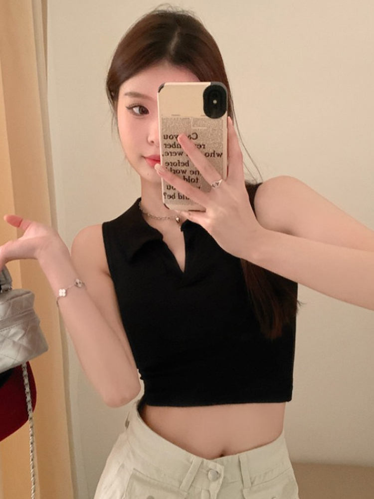 2025 Summer Women's Polo Collar Tank Top with Chest Pads, Stylish Slim Fit Pure Cotton Base Layer 2025 Summer Women's Polo Collar Tank Top with Chest Pads, Stylish Slim Fit Pure Cotton Base Layer
