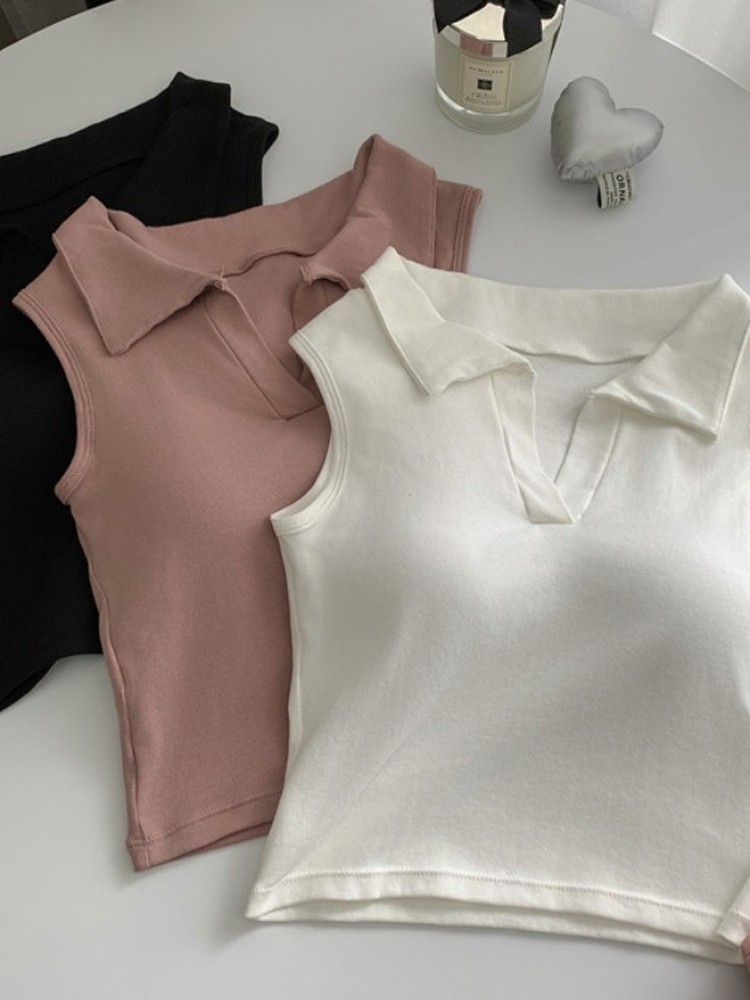2025 Summer Women's Polo Collar Tank Top with Chest Pads, Stylish Slim Fit Pure Cotton Base Layer 2025 Summer Women's Polo Collar Tank Top with Chest Pads, Stylish Slim Fit Pure Cotton Base Layer