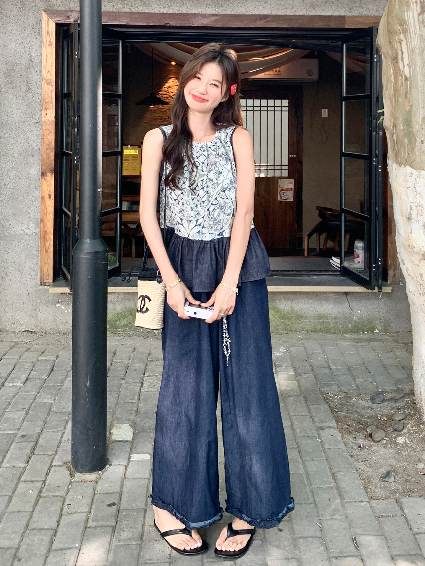 2025 Summer Women's Retro Patchwork Sleeveless Vest and Denim Wide-Leg Pants Two-Piece Set, Casual Y2K Style
