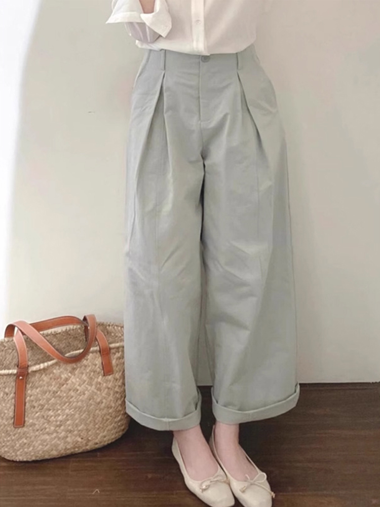 2025 Summer Women's Retro Rolled-Up Nine-Point Casual Wide-Leg Pants - Loose BF Style Relaxed Fit 2025 Summer Women's Retro Rolled-Up Nine-Point Casual Wide-Leg Pants - Loose BF Style Relaxed Fit