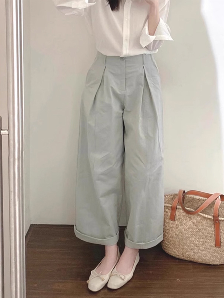 2025 Summer Women's Retro Rolled-Up Nine-Point Casual Wide-Leg Pants - Loose BF Style Relaxed Fit 2025 Summer Women's Retro Rolled-Up Nine-Point Casual Wide-Leg Pants - Loose BF Style Relaxed Fit
