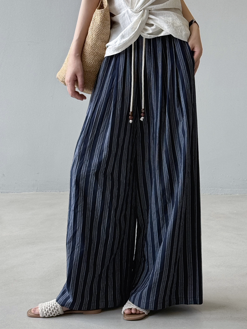 2025 Summer Women's Retro Vertical Striped Wide-Leg Linen Pants - Thin, Loose, Casual Style for Effortless Fashion