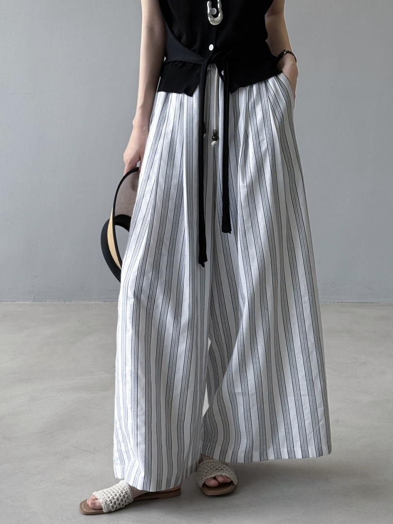 2025 Summer Women's Retro Vertical Striped Wide-Leg Linen Pants - Thin, Loose, Casual Style for Effortless Fashion