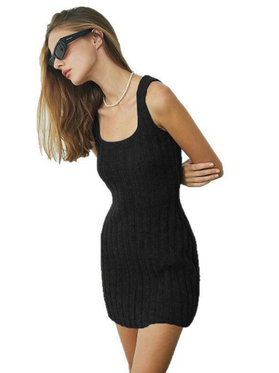 2025 Summer Women's Solid Color Wide Stripe Knitted Bodycon Mini Vest Dress - Elegant Slim Fit Style 2025 Summer Women's Solid Color Wide Stripe Knitted Bodycon Mini Vest Dress - Elegant Slim Fit Style
