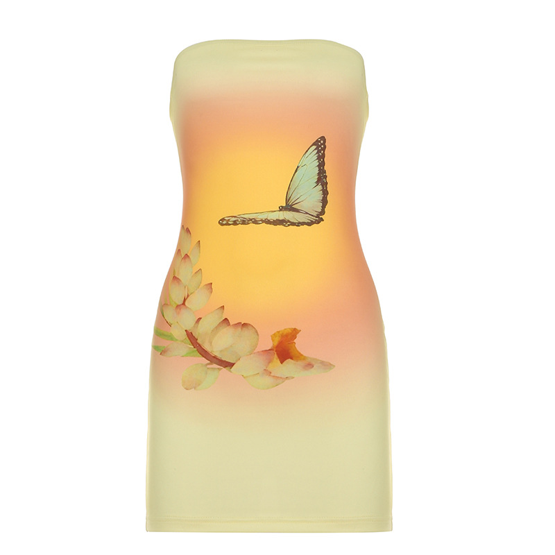 2025 Summer Women's Strapless Bodycon Dress with Butterfly Floral Print - Sexy Sleeveless European & American Fashion