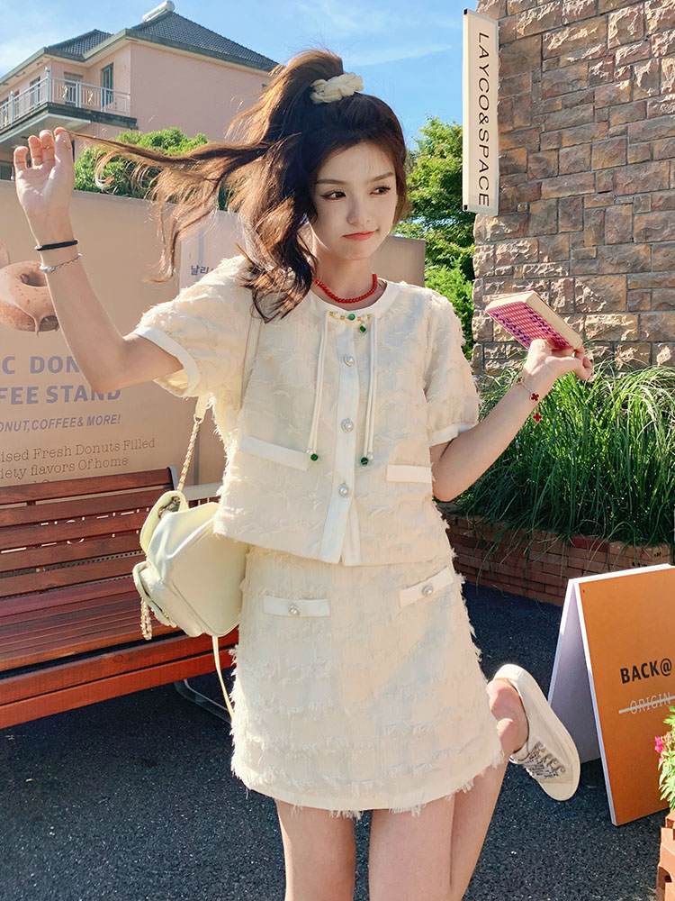 2025 Summer Women's Sweet Two-Piece Set Dress - Small Fragrant Wind Suit Top and Skirt for Petite Sizes