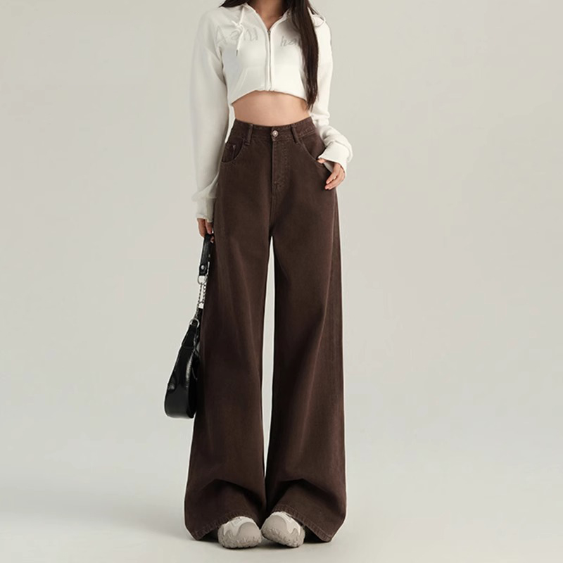 2025 Women's Coffee-Colored Fleece-Lined Wide-Leg Jeans, High-Waisted Slim-Fit, Autumn Winter Fashion, Loose Straight-Leg Pants