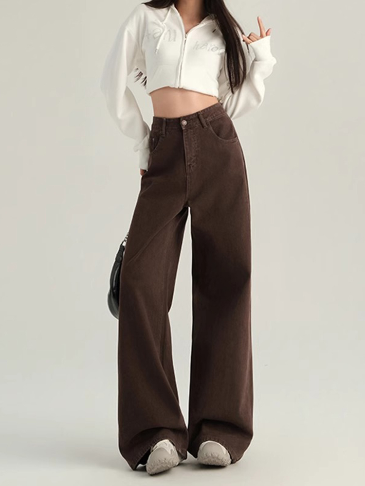 2025 Women's Coffee-Colored Fleece-Lined Wide-Leg Jeans, High-Waisted Slim-Fit, Autumn Winter Fashion, Loose Straight-Leg Pants 2025 Women's Coffee-Colored Fleece-Lined Wide-Leg Jeans, High-Waisted Slim-Fit, Autumn Winter Fashion, Loose Straight-Leg Pants